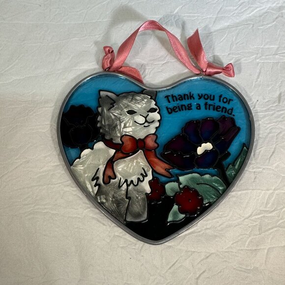 Joan Baker Designs Handpainted Stained Glass/Sun Catcher Gray Cat w/ Flowers - Picture 1 of 6